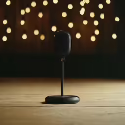 a black microphone sits on the floor next to lights