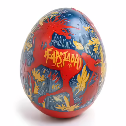 a plastic red dinosaur egg with hand lettering