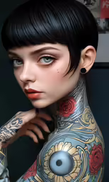 a 3d rendering of a woman with tattooed arm
