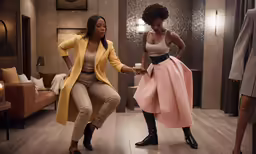 a woman in a yellow coat and skirt dancing