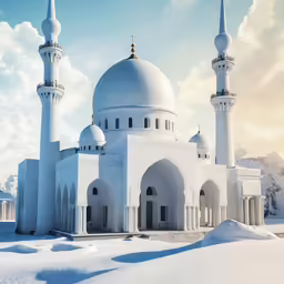 a snow covered area with a large white building and two tall white towers