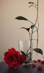 a vase with a red rose sits on a table next to it