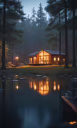 a cabin is nestled between trees by the water
