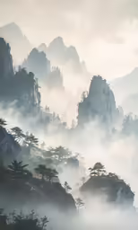 mountains covered in fog with some trees on the side