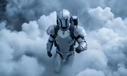 a futuristic soldier in the clouds with his hands raised