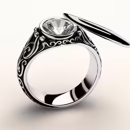 an intricate, vintage style engagement ring with a beveled solthushus and a single diamond