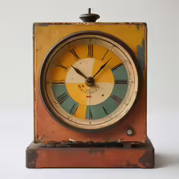 an old clock with rusted metal and green and yellow dials
