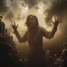 the girl is surrounded by other people in a crowd