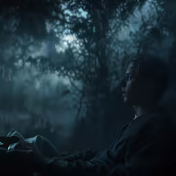 woman sitting with laptop looking down in a dark forest