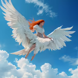 a woman dressed in white flying through the sky