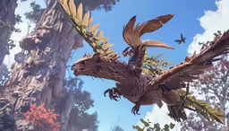 a bird flying up through the air above trees