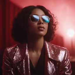 the young woman in her shiny red jacket is staring straight ahead