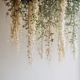 a long string of hanging flowers and foliage on the ceiling
