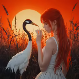 a girl wearing a white dress looking at two cranes