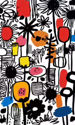 abstract flowers in red, blue, yellow and black