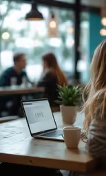 a woman sitting at a table with a laptop computer on it
