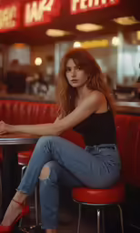 a woman in black tank top sitting at table
