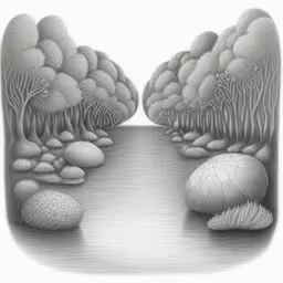 a drawing shows the landscape with some different objects,drawing of trees and rocks facing each other,an illustration of a surreal landscape,an image of a forest landscape in pencil,a drawing of trees and rocks in the water