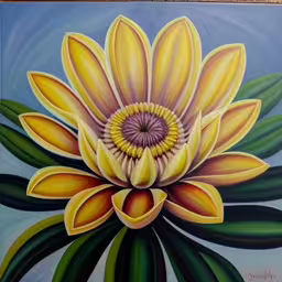 a painting of a yellow flower with green leaves on it,the painting shows a large yellow flower with green leaves