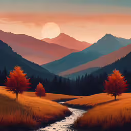 the sun is setting over a valley with orange trees,a painting of mountains with trees and stream