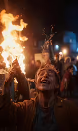 a man holds up his glass while watching the fireworks