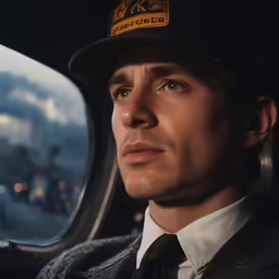 a man in a suit and hat looking out the window