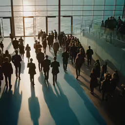 group of people walking near large window at sunset