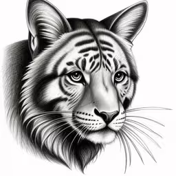 the face of a tiger drawn in graph on paper,a black and white drawing of a tiger