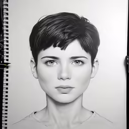 a sketch of a young woman with short black hair