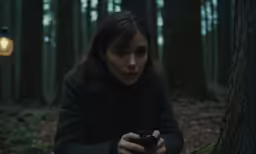 a woman is holding a camera in the woods