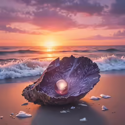a shell on the sand with a lit candle in the middle