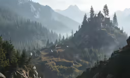 a large building on top of a cliff surrounded by forest