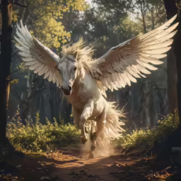 a horse running with wings extended in the woods