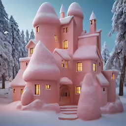 an illuminated pink house with multiple levels in the winter