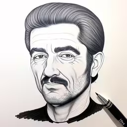 a drawing of a man with a beard in a black and white photo,a drawing of actor david mclellanney as part of a portrait,this portrait is one of the characters from house of cards,a caricature of george krase is shown on paper,a pencil drawing of a man with a beard