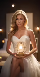 woman holding a golden sculpture with a light shining out on it