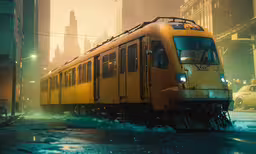 a yellow commuter train on the tracks near a city street,the yellow train is going down the street