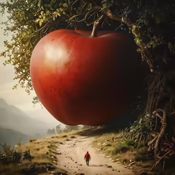a large red apple hangs from the branches of a tree