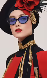 a woman wearing shades and a red hat, with large flowers on her head