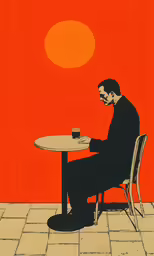 man at table with coffee cup in front of orange background