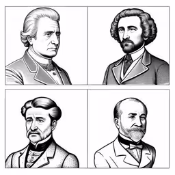 four old fashion men with beards, wearing suits and jackets,four different portraits of men with beards and hair,the four main men from the famous novels,four vintage men wearing suits and bow ties,four different people in formal wear and beards