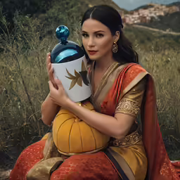 a woman with long hair in a yellow dress holding a bottle