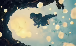 a picture of someone flying in front of some balloons