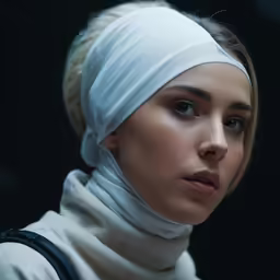 a young woman with a white head scarf