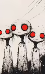three red and white art pieces with different shapes