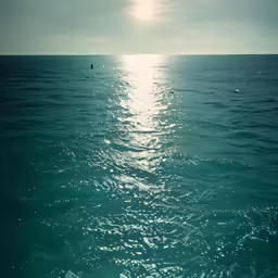 the water is blue and the sun reflects off the surface