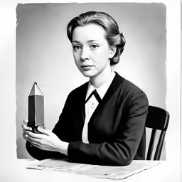 a black and white photo of a woman holding a book