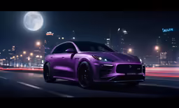 a purple car driving along a city road