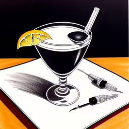 a white square with a glass and a paintbrush on it,a painting of a cocktail and two cremers