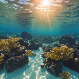 a sunbeam shines above the water over rocks